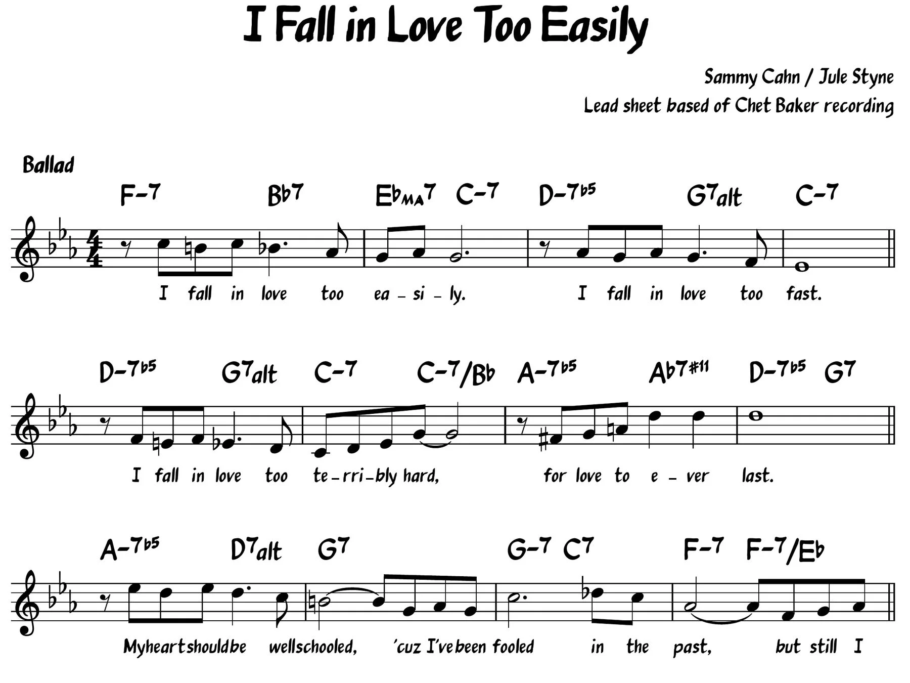 Lead sheet of the jazz standard I Fall in Love Too Easily