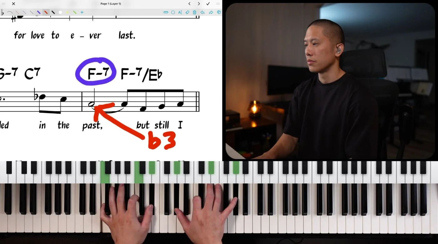 Charlie plays the spread voicing, keys highlighted